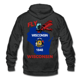 Fly Wisconsin - State Flag - Biplane - Unisex Fleece Zip Hoodie - charcoal grey