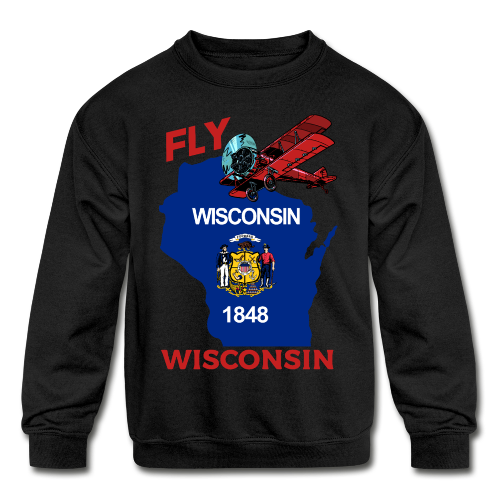 Fly Wisconsin - State Flag - Biplane - Kids' Crewneck Sweatshirt - black