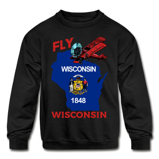 Fly Wisconsin - State Flag - Biplane - Kids' Crewneck Sweatshirt - black