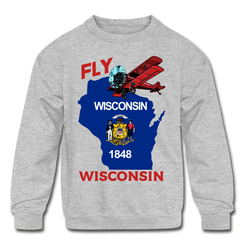 Fly Wisconsin - State Flag - Biplane - Kids' Crewneck Sweatshirt - heather gray