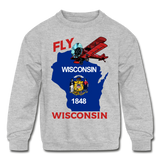 Fly Wisconsin - State Flag - Biplane - Kids' Crewneck Sweatshirt - heather gray