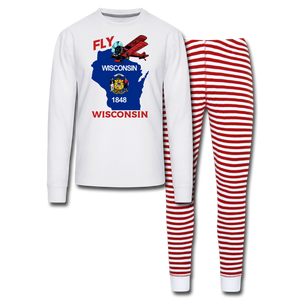 Fly Wisconsin - State Flag - Biplane - Unisex Pajama Set - white/red stripe