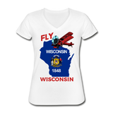 Fly Wisconsin - State Flag - Biplane - Women's V-Neck T-Shirt - white