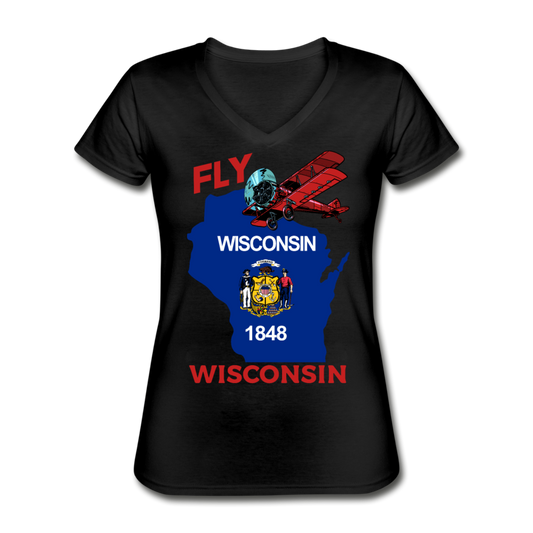 Fly Wisconsin - State Flag - Biplane - Women's V-Neck T-Shirt - black