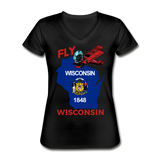 Fly Wisconsin - State Flag - Biplane - Women's V-Neck T-Shirt - black