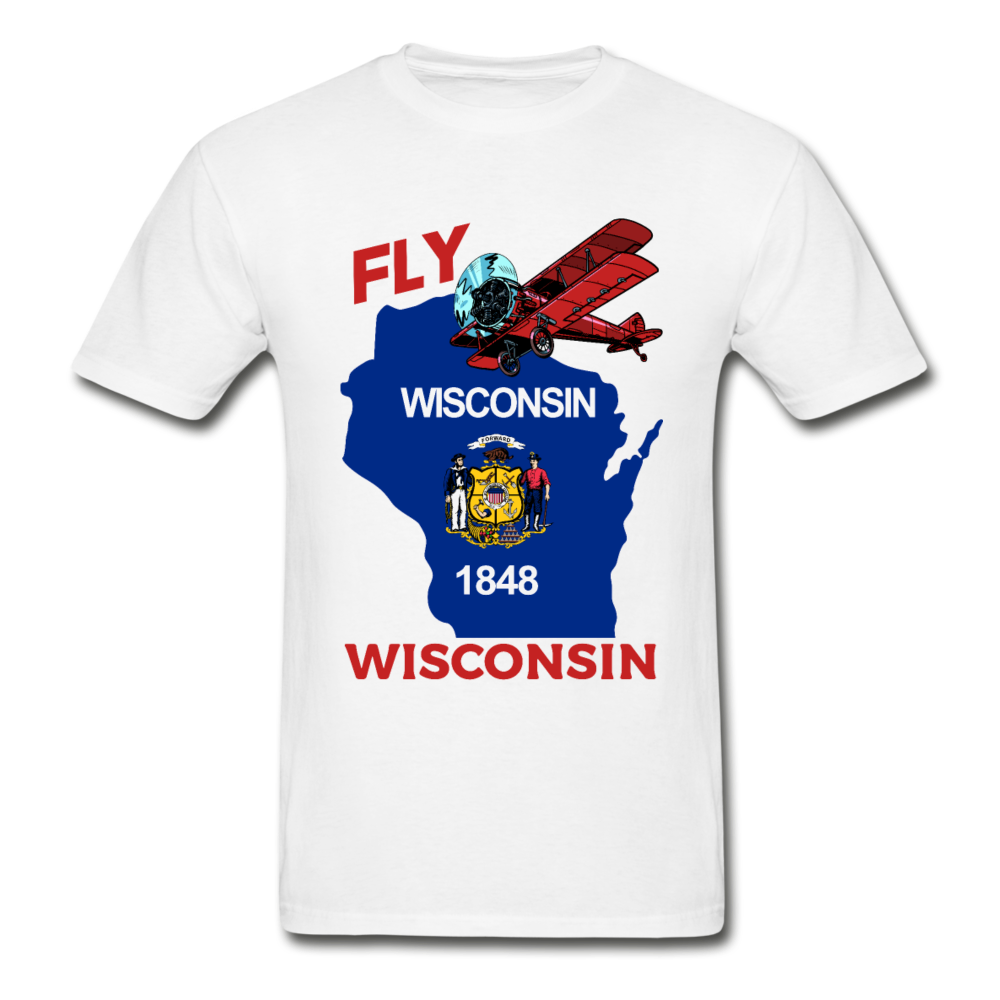 Fly Wisconsin - State Flag - Biplane - Gildan Ultra Cotton Adult T-Shirt - white