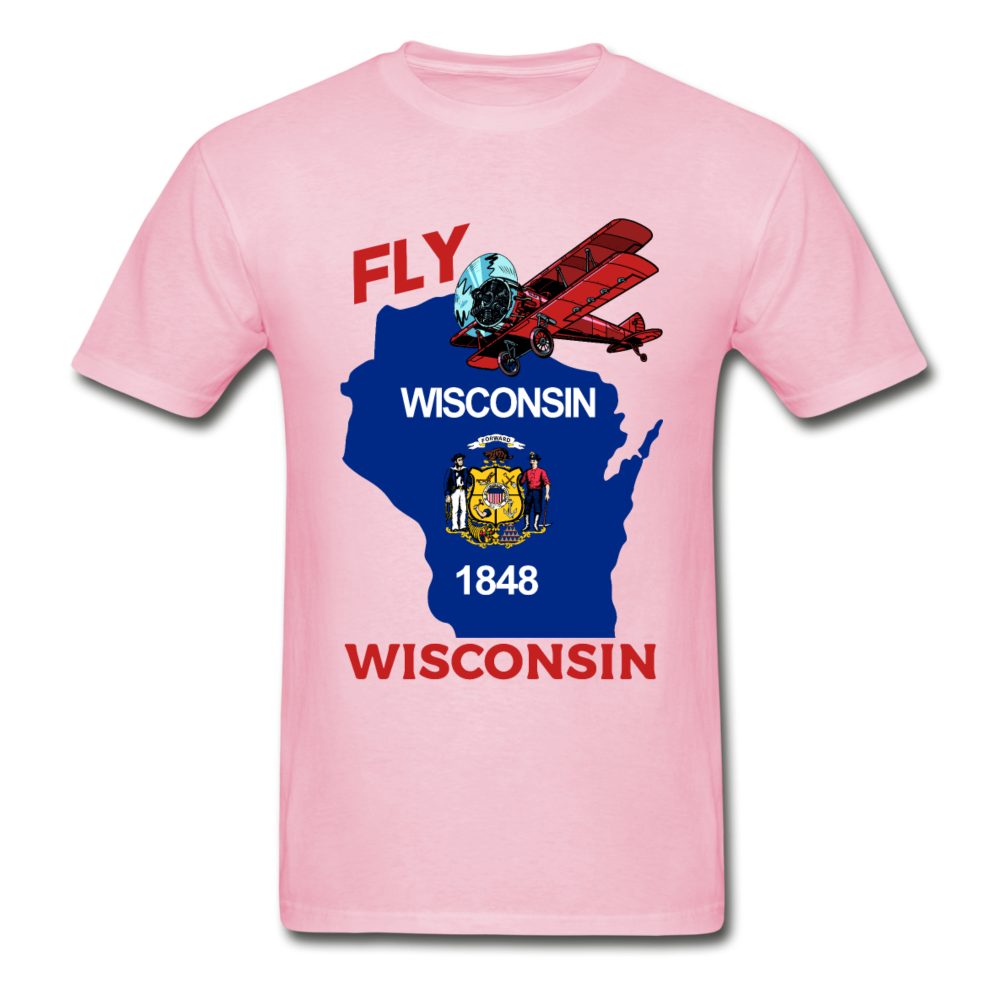 Fly Wisconsin - State Flag - Biplane - Gildan Ultra Cotton Adult T-Shirt - light pink