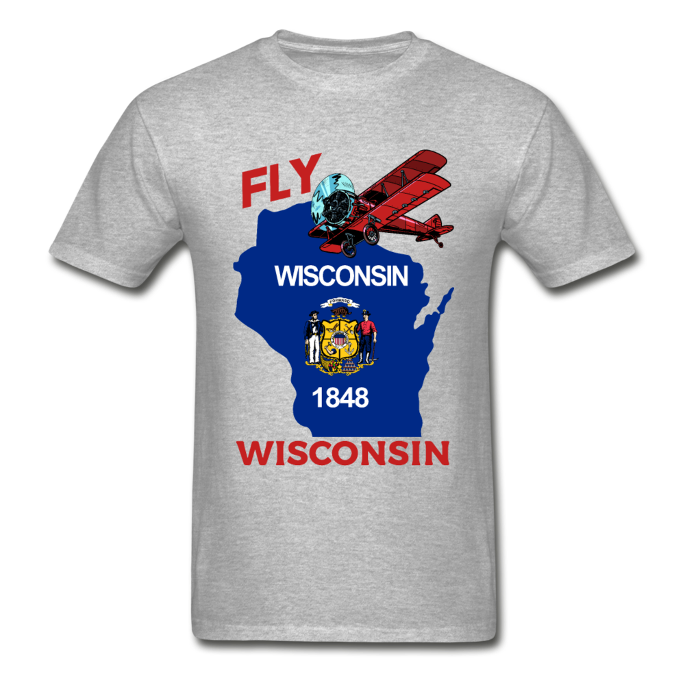 Fly Wisconsin - State Flag - Biplane - Gildan Ultra Cotton Adult T-Shirt - heather gray