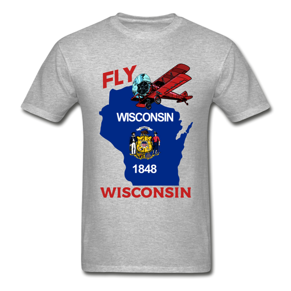 Fly Wisconsin - State Flag - Biplane - Gildan Ultra Cotton Adult T-Shirt - heather gray
