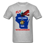 Fly Wisconsin - State Flag - Biplane - Gildan Ultra Cotton Adult T-Shirt - heather gray