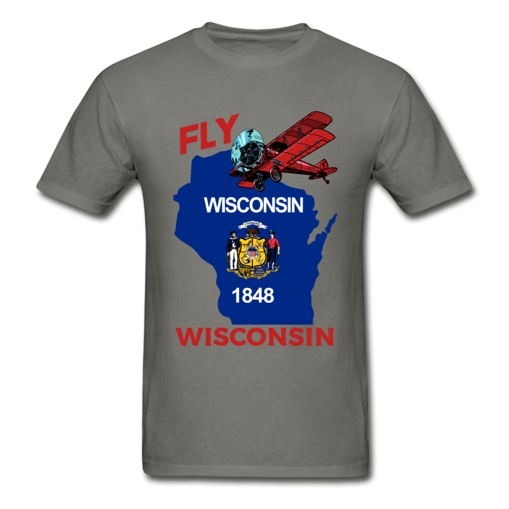 Fly Wisconsin - State Flag - Biplane - Gildan Ultra Cotton Adult T-Shirt - charcoal