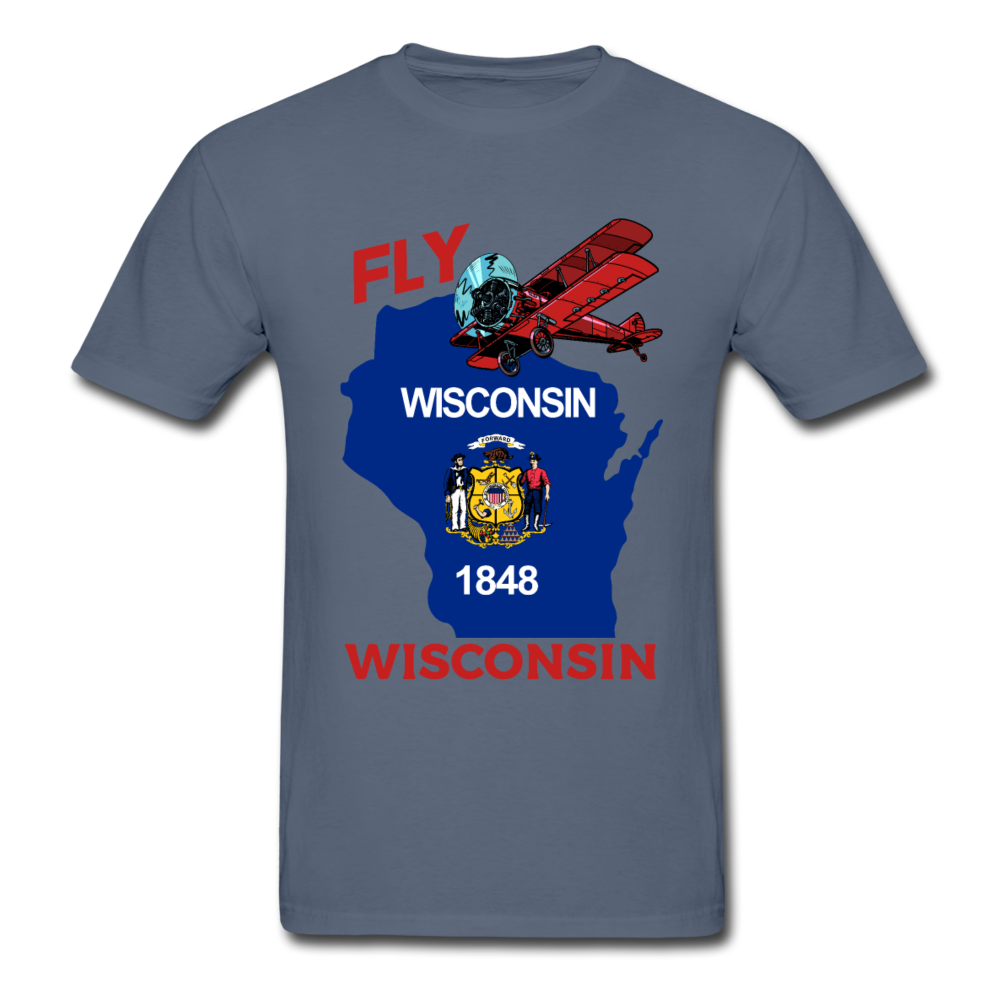 Fly Wisconsin - State Flag - Biplane - Gildan Ultra Cotton Adult T-Shirt - denim