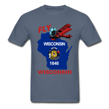 Fly Wisconsin - State Flag - Biplane - Gildan Ultra Cotton Adult T-Shirt - denim