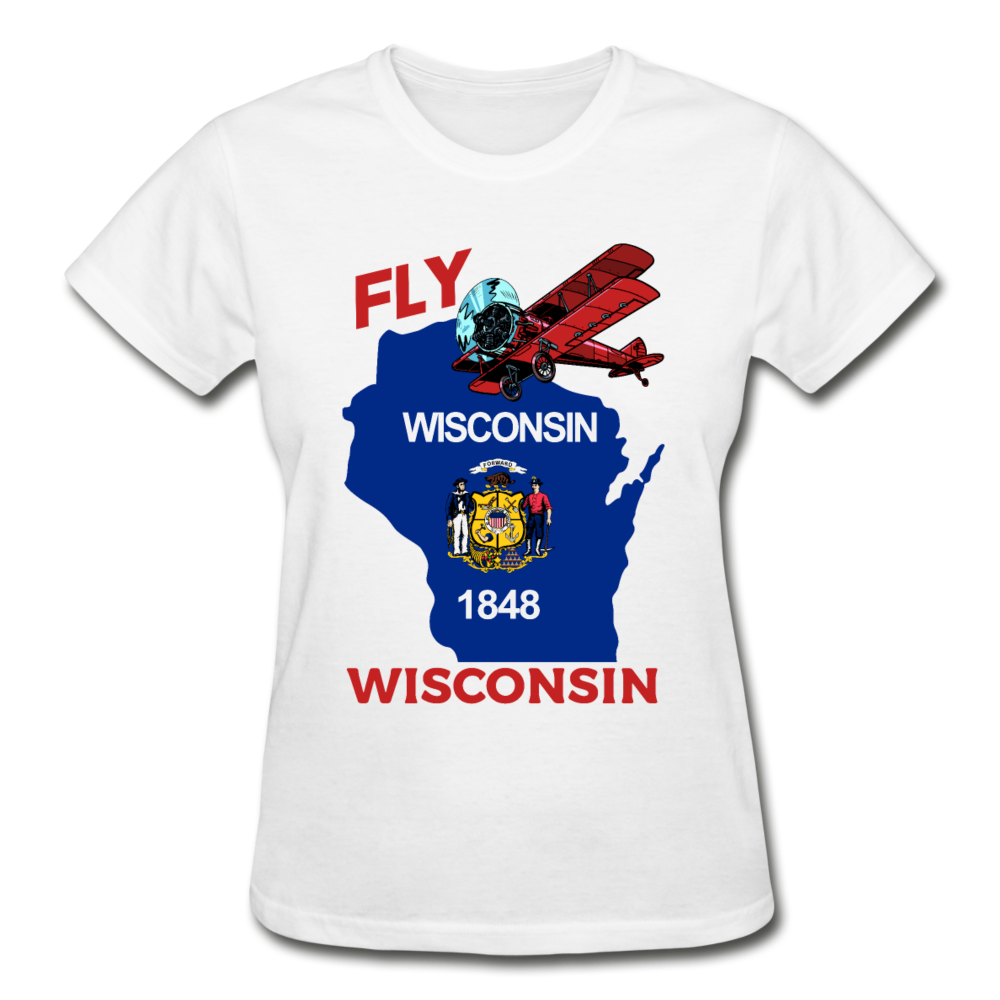 Fly Wisconsin - State Flag - Biplane - Gildan Ultra Cotton Ladies T-Shirt - white