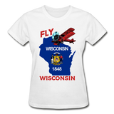 Fly Wisconsin - State Flag - Biplane - Gildan Ultra Cotton Ladies T-Shirt - white