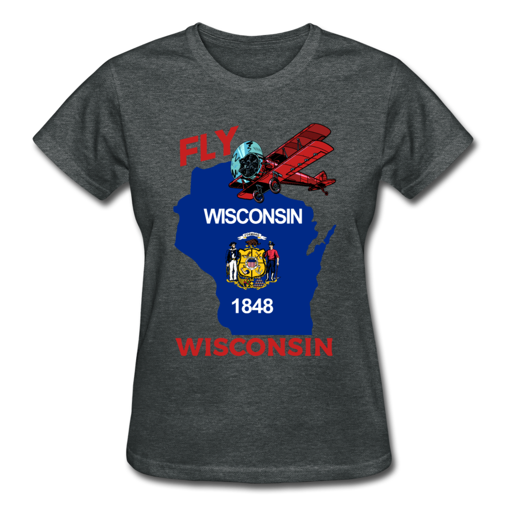 Fly Wisconsin - State Flag - Biplane - Gildan Ultra Cotton Ladies T-Shirt - deep heather