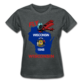Fly Wisconsin - State Flag - Biplane - Gildan Ultra Cotton Ladies T-Shirt - deep heather
