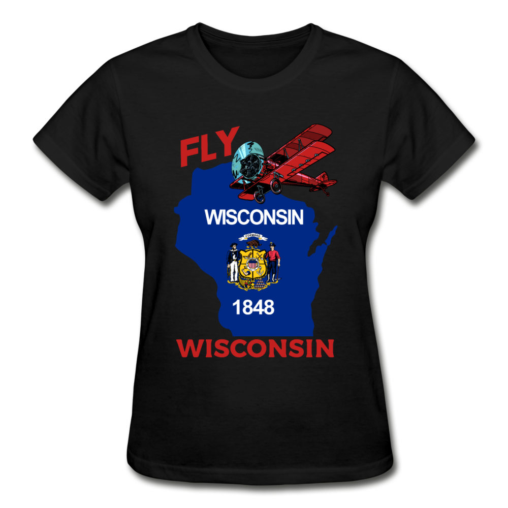 Fly Wisconsin - State Flag - Biplane - Gildan Ultra Cotton Ladies T-Shirt - black