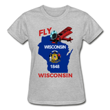 Fly Wisconsin - State Flag - Biplane - Gildan Ultra Cotton Ladies T-Shirt - heather gray