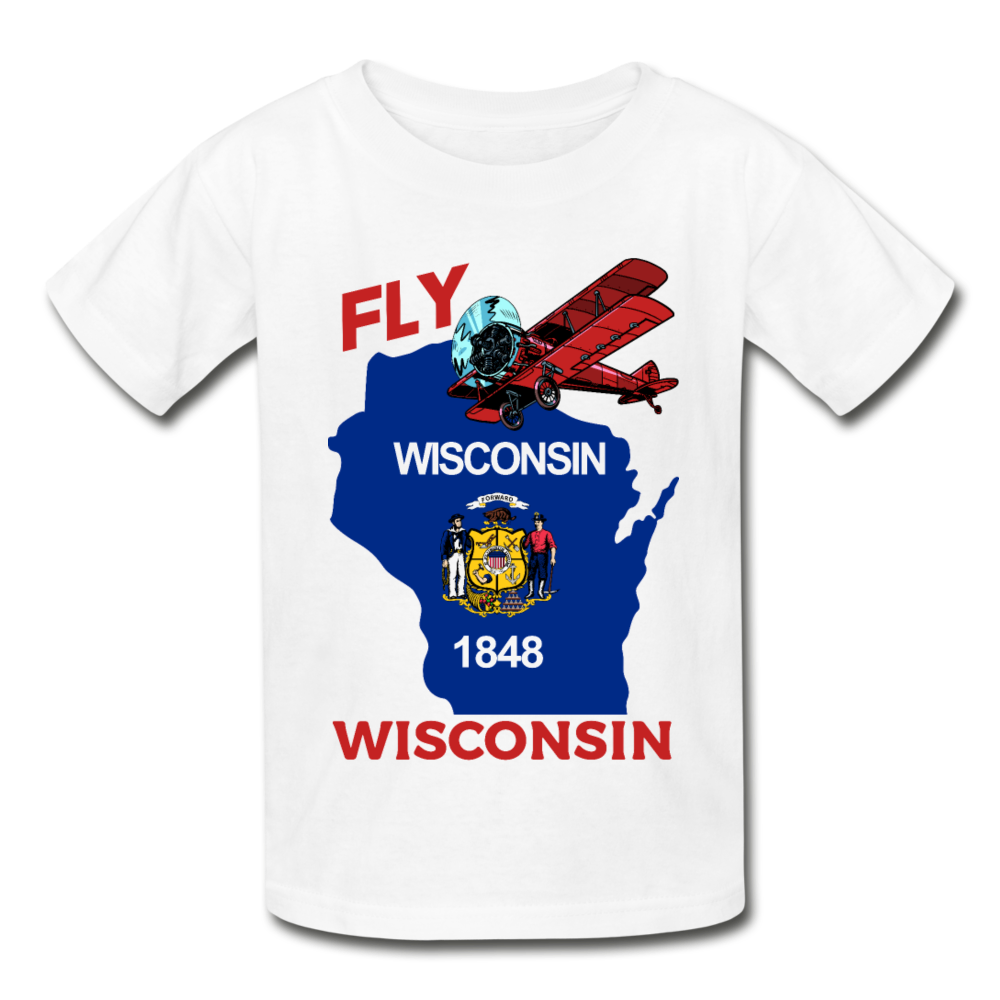 Fly Wisconsin - State Flag - Biplane - Gildan Ultra Cotton Youth T-Shirt - white