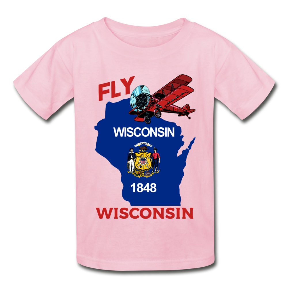 Fly Wisconsin - State Flag - Biplane - Gildan Ultra Cotton Youth T-Shirt - light pink