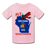 Fly Wisconsin - State Flag - Biplane - Gildan Ultra Cotton Youth T-Shirt - light pink