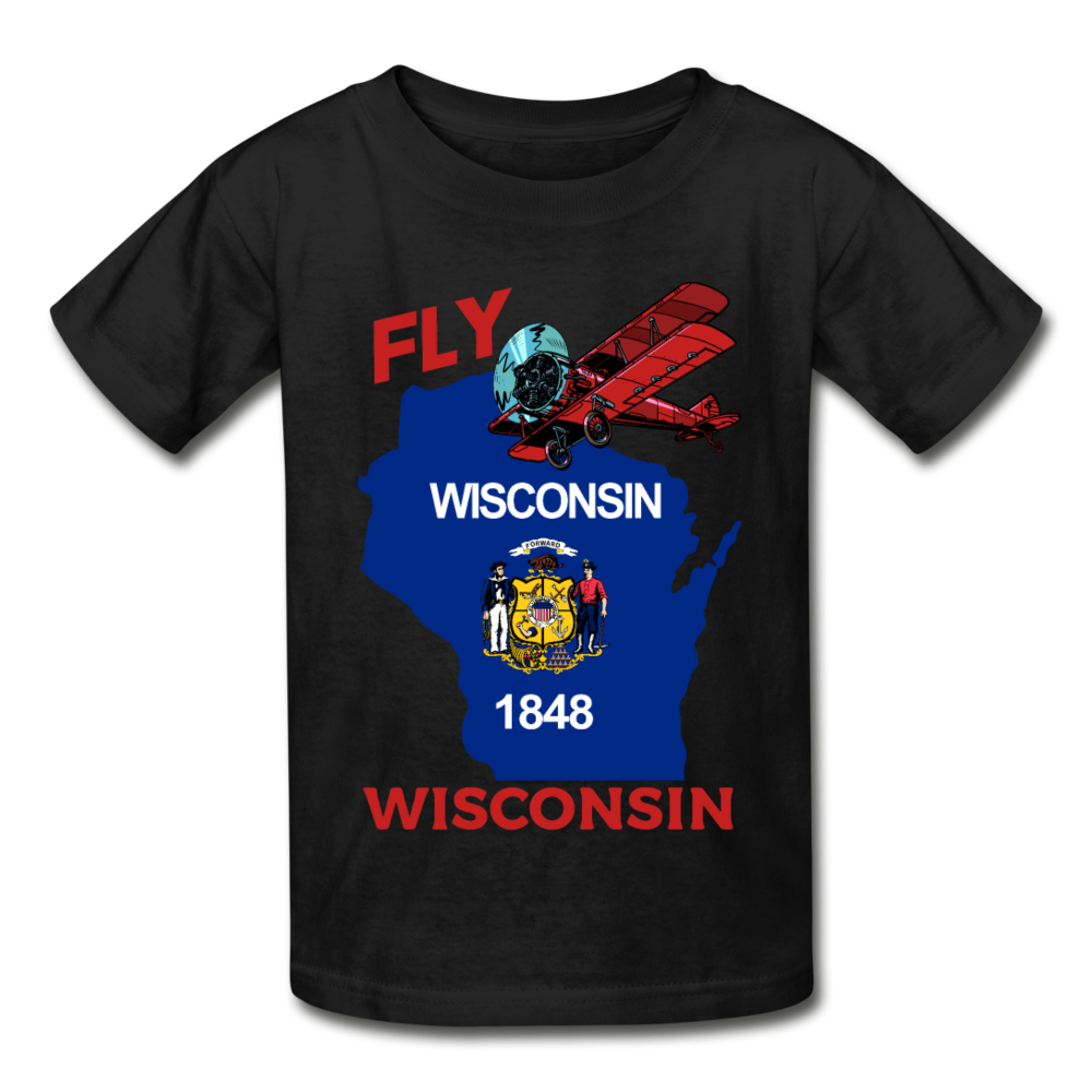 Fly Wisconsin - State Flag - Biplane - Gildan Ultra Cotton Youth T-Shirt - black