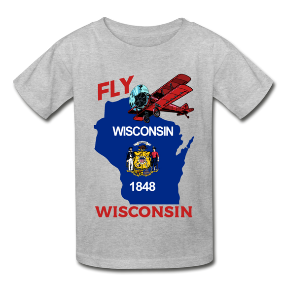 Fly Wisconsin - State Flag - Biplane - Gildan Ultra Cotton Youth T-Shirt - heather gray