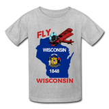 Fly Wisconsin - State Flag - Biplane - Gildan Ultra Cotton Youth T-Shirt - heather gray