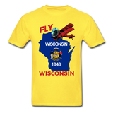 Fly Wisconsin - State Flag - Biplane - Hanes Adult Tagless T-Shirt - yellow