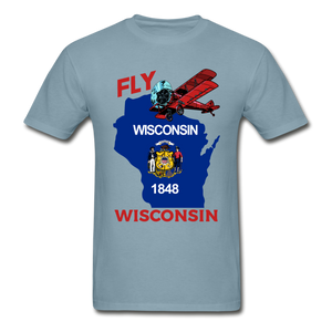 Fly Wisconsin - State Flag - Biplane - Hanes Adult Tagless T-Shirt - stonewash blue