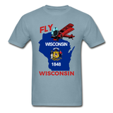 Fly Wisconsin - State Flag - Biplane - Hanes Adult Tagless T-Shirt - stonewash blue