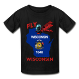Fly Wisconsin - State Flag - Biplane - Hanes Youth Tagless T-Shirt - black