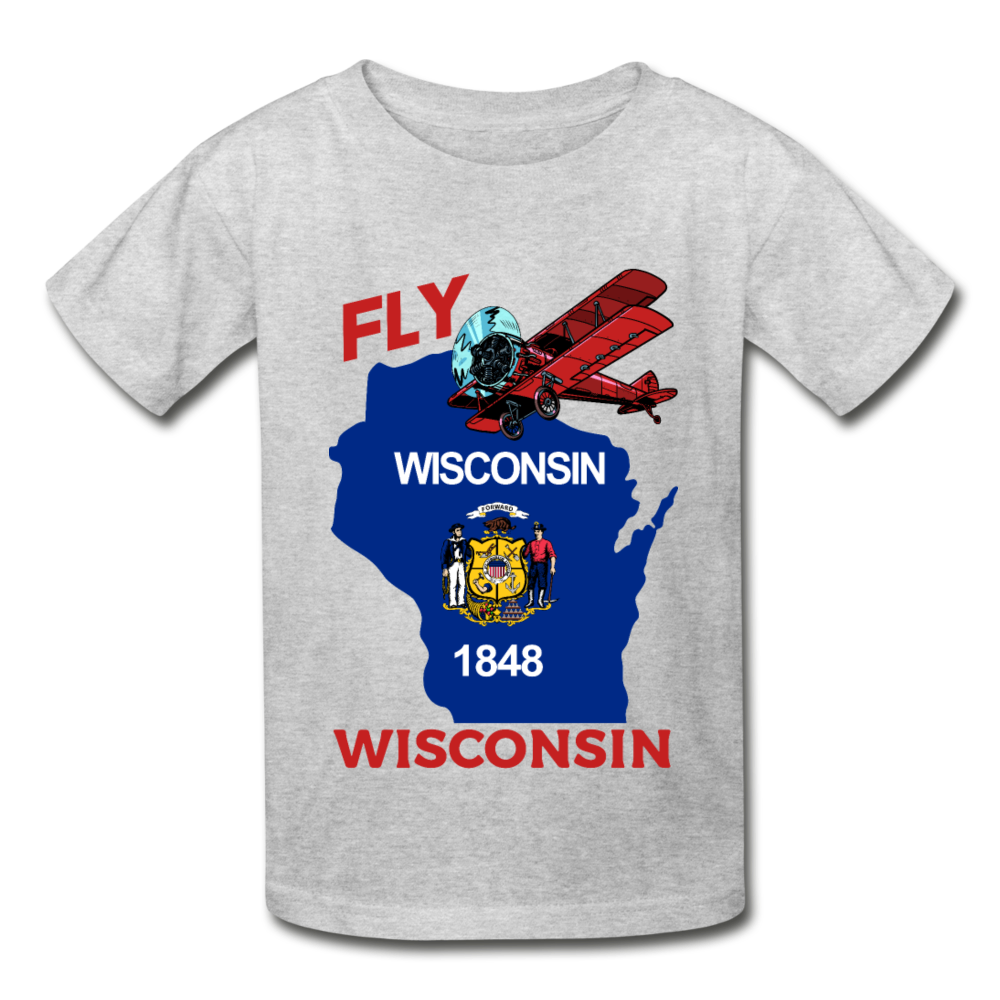 Fly Wisconsin - State Flag - Biplane - Hanes Youth Tagless T-Shirt - heather gray