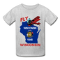 Fly Wisconsin - State Flag - Biplane - Hanes Youth Tagless T-Shirt - heather gray