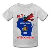Fly Wisconsin - State Flag - Biplane - Hanes Youth Tagless T-Shirt - heather gray