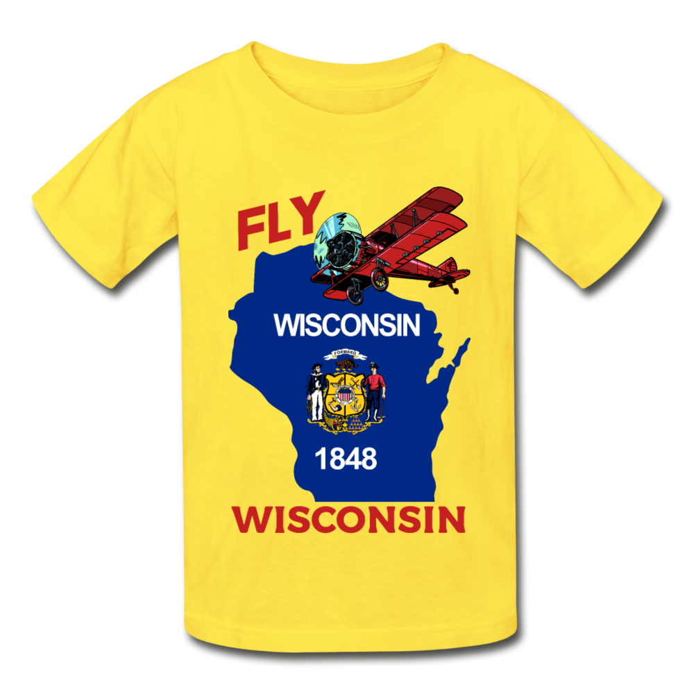 Fly Wisconsin - State Flag - Biplane - Hanes Youth Tagless T-Shirt - yellow