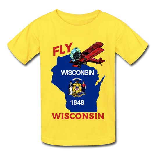 Fly Wisconsin - State Flag - Biplane - Hanes Youth Tagless T-Shirt - yellow