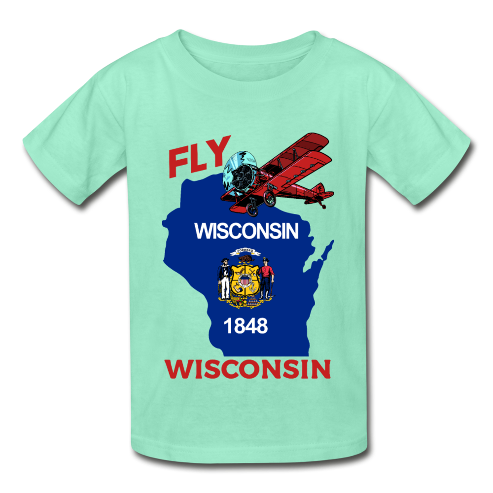 Fly Wisconsin - State Flag - Biplane - Hanes Youth Tagless T-Shirt - deep mint