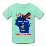 Fly Wisconsin - State Flag - Biplane - Hanes Youth Tagless T-Shirt - deep mint