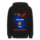 Fly Wisconsin - State Flag - Biplane - Gildan Heavy Blend Youth Zip Hoodie - black