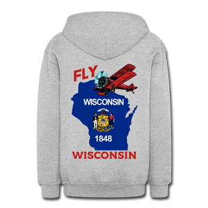 Fly Wisconsin - State Flag - Biplane - Gildan Heavy Blend Youth Zip Hoodie - heather gray