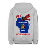 Fly Wisconsin - State Flag - Biplane - Gildan Heavy Blend Youth Zip Hoodie - heather gray