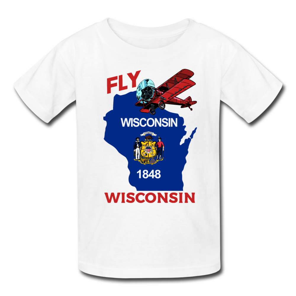 Fly Wisconsin - State Flag - Biplane - Kids' T-Shirt (Fruit of the Loom) - white