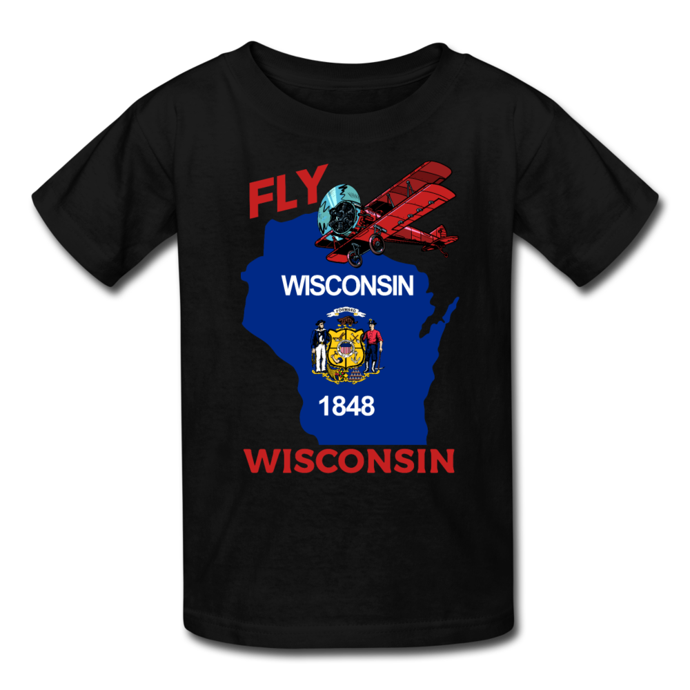 Fly Wisconsin - State Flag - Biplane - Kids' T-Shirt (Fruit of the Loom) - black