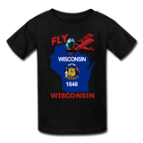 Fly Wisconsin - State Flag - Biplane - Kids' T-Shirt (Fruit of the Loom) - black