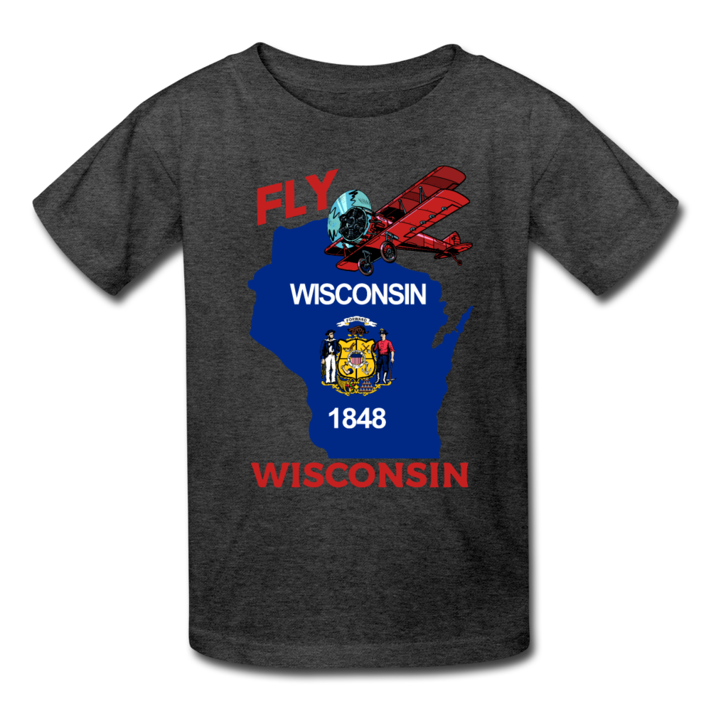 Fly Wisconsin - State Flag - Biplane - Kids' T-Shirt (Fruit of the Loom) - heather black