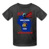 Fly Wisconsin - State Flag - Biplane - Kids' T-Shirt (Fruit of the Loom) - heather black