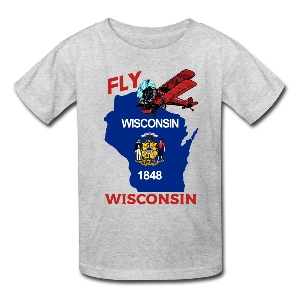 Fly Wisconsin - State Flag - Biplane - Kids' T-Shirt (Fruit of the Loom) - heather gray