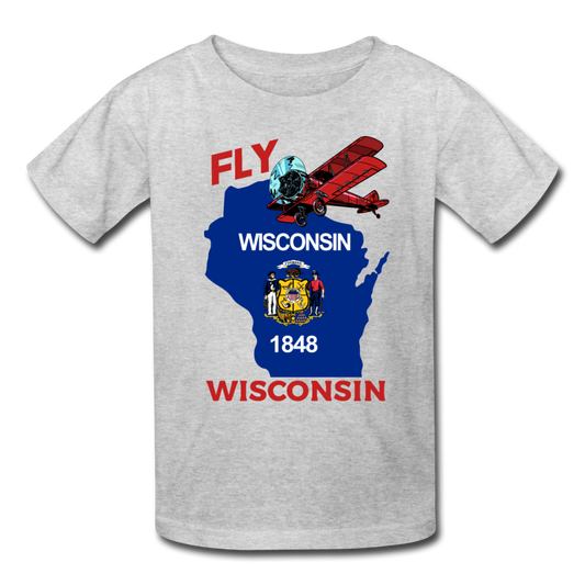 Fly Wisconsin - State Flag - Biplane - Kids' T-Shirt (Fruit of the Loom) - heather gray